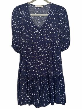Propaganda Floral Ditsy Tiered Babydoll Mini Dress Puff Sleeve Navy S XXS